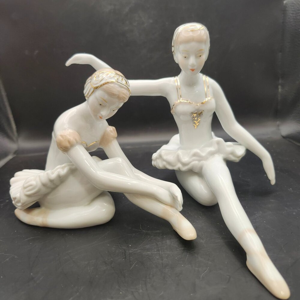 Vintage Pair Of Porcelain Ballerina Figurines White Gold Accents Victorian Style